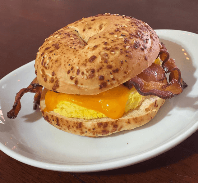 Get a breakfast bagel sandwich at Pearl Street Bagels in Driggs Idaho, Teton Valley.