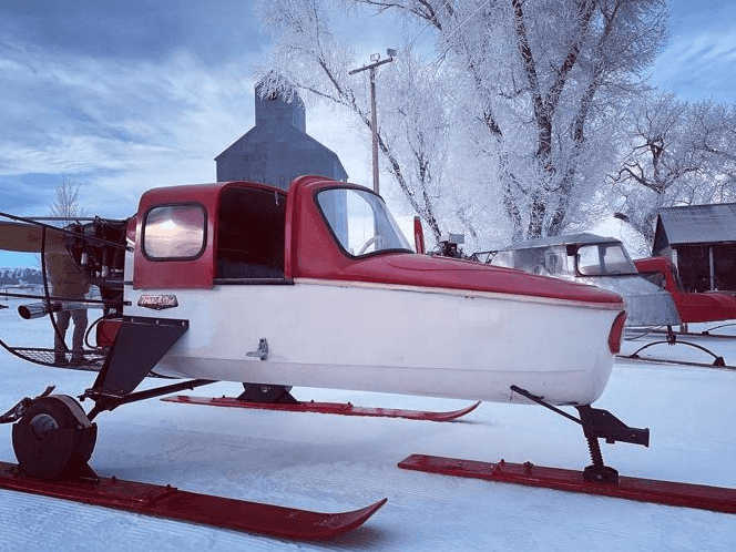 A snow plane from the Tetonia Snowplane Rally on display in Teton Valley.